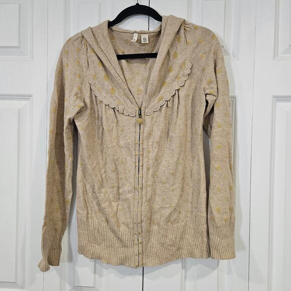 Moth Women Hooded Zip Wool Blend Cardigan Sweater Tan Yellow Dots Large Ruffle - Picture 9 of 9